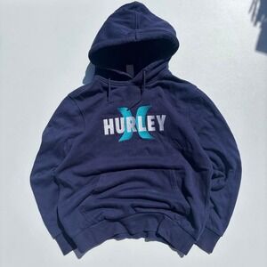 Hurley navy blue surfer style hoodie with white and blue logo - S